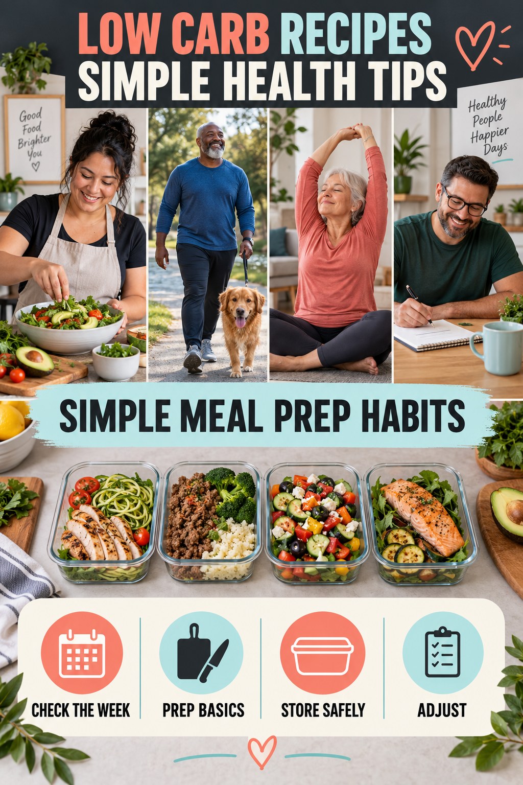 Low Carb Recipes simple-health graphic titled Simple Meal Prep Habits with four practical wellness prompts.