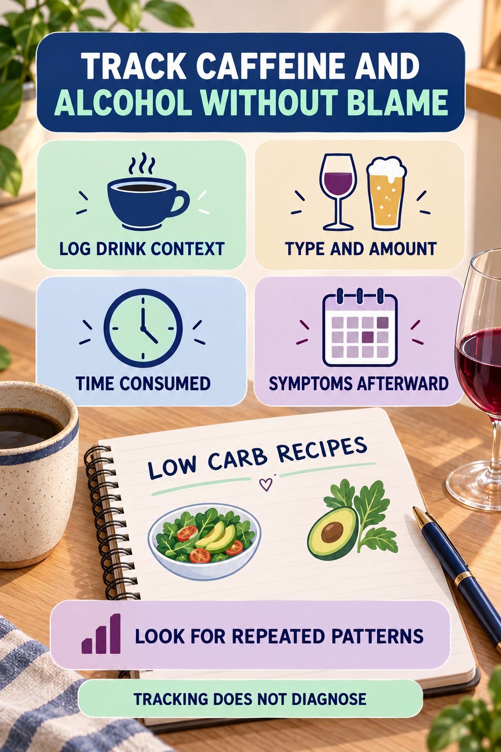 Track Caffeine and Alcohol Without Blame urinary symptom tracking infographic for Low Carb Recipes with four practical diary points and a non-diagnostic reminder.