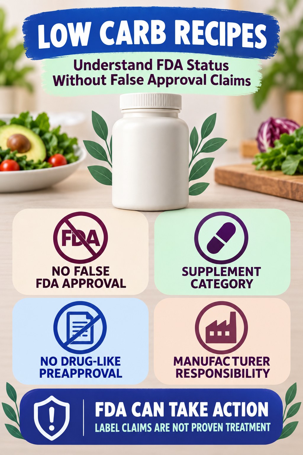 Understand FDA Status Without False Approval Claims prostate supplement label-literacy infographic for Low Carb Recipes with four careful reading points.