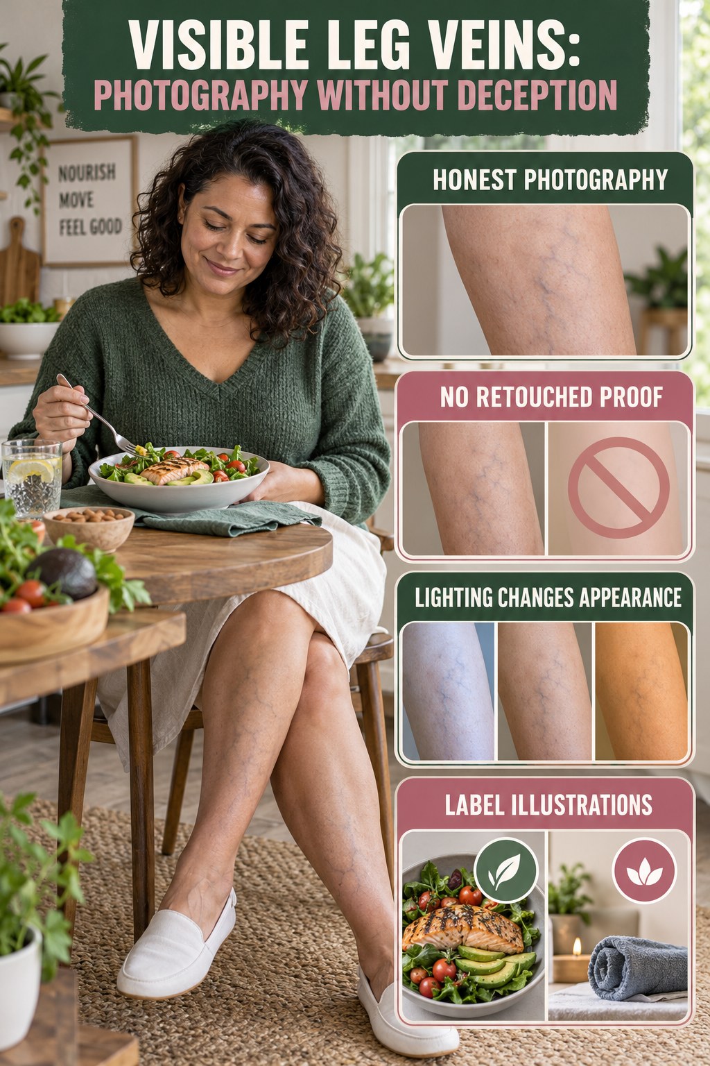 Photography Without Deception infographic for Low Carb Recipes, showing body-neutral visible-leg-vein appearance care and the boundary between temporary cosmetic support and treatment.