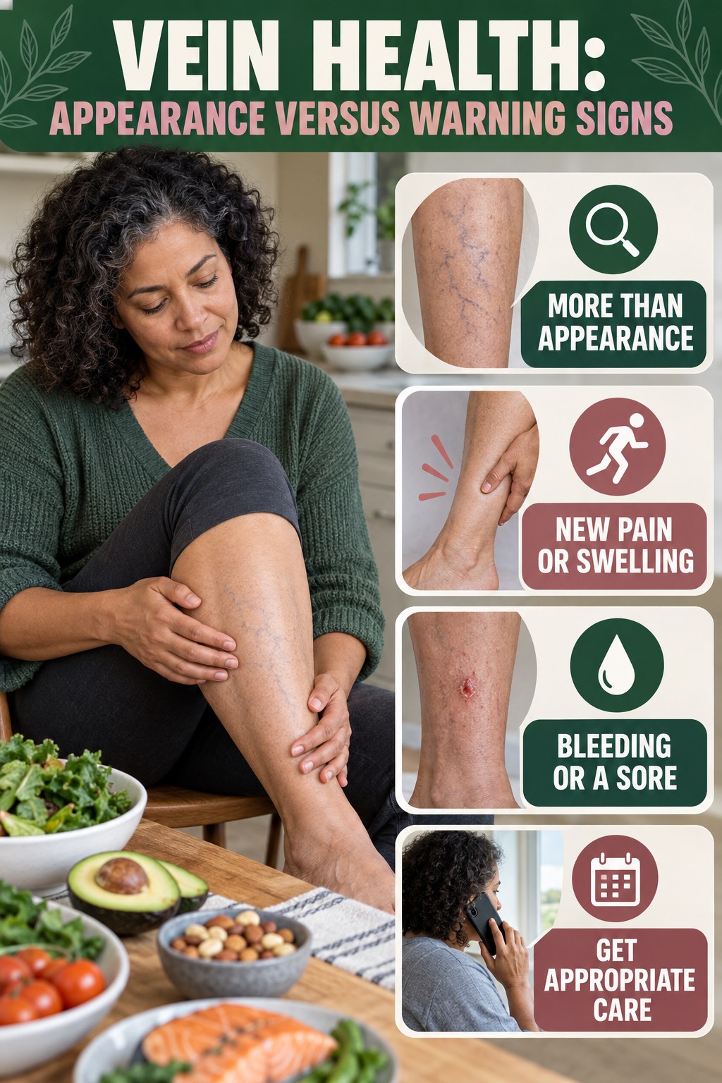 Appearance Versus Warning Signs infographic for Low Carb Recipes, explaining vein-health warning signs and the appropriate next action without diagnosing a condition.
