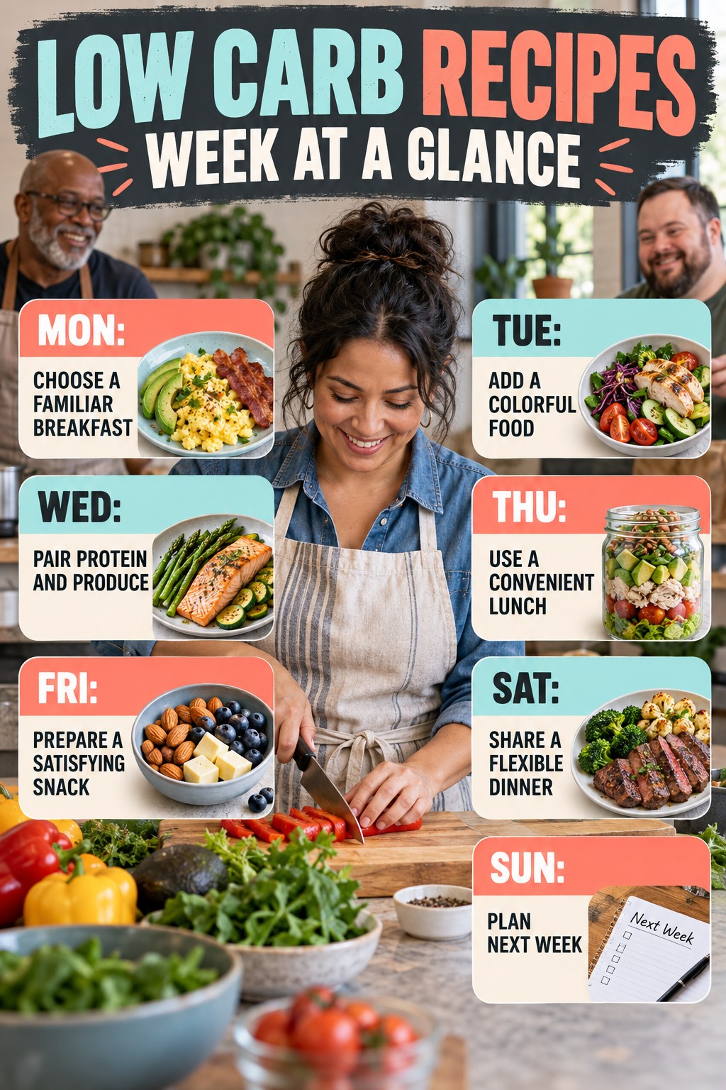 Weekly Low Carb Recipes plan graphic with concise Monday-to-Sunday actions and flexible recovery guidance.