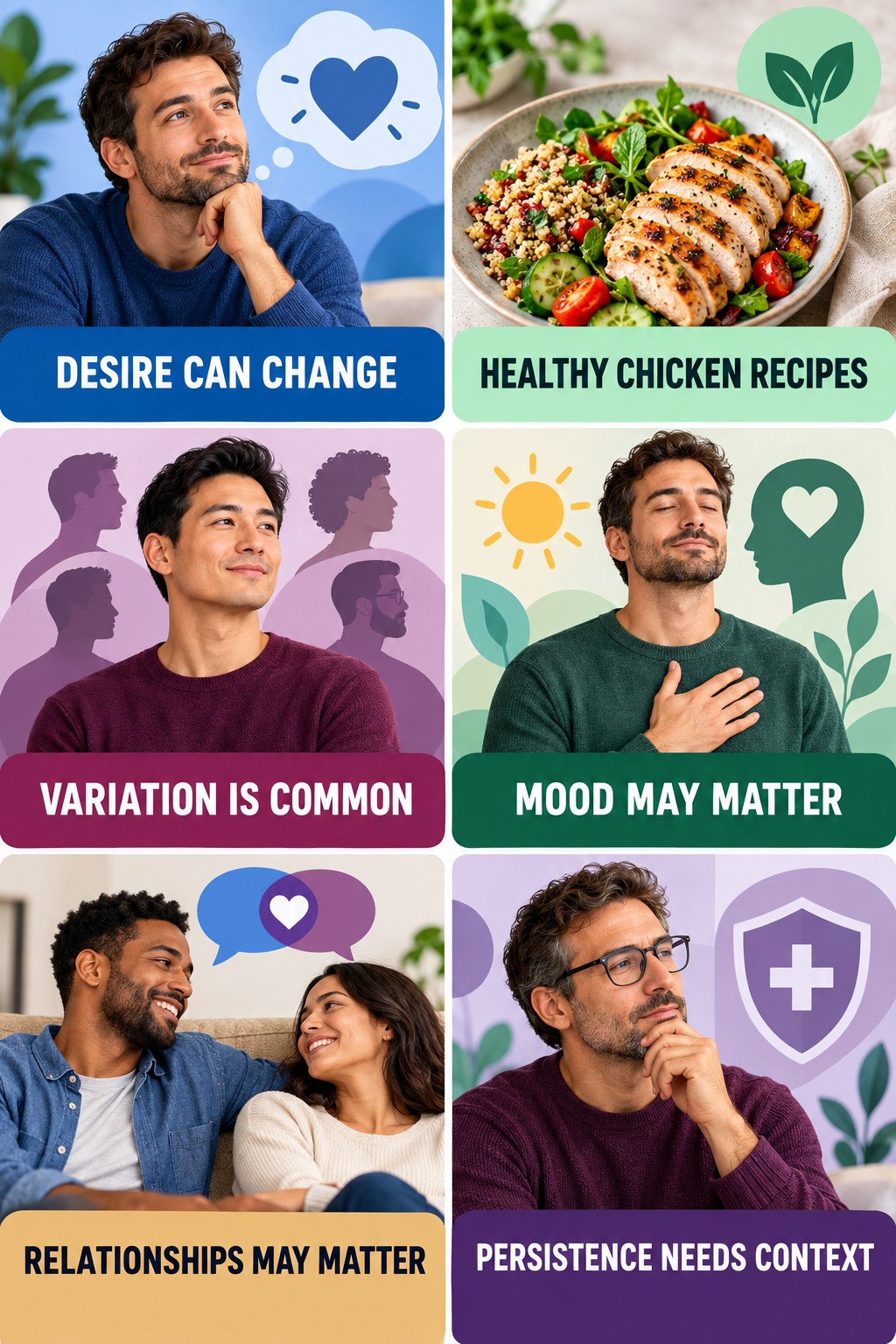 Low Desire Is Not a Moral Failure infographic for Healthy Chicken Recipes with four concise, non-shaming sexual-health education points.