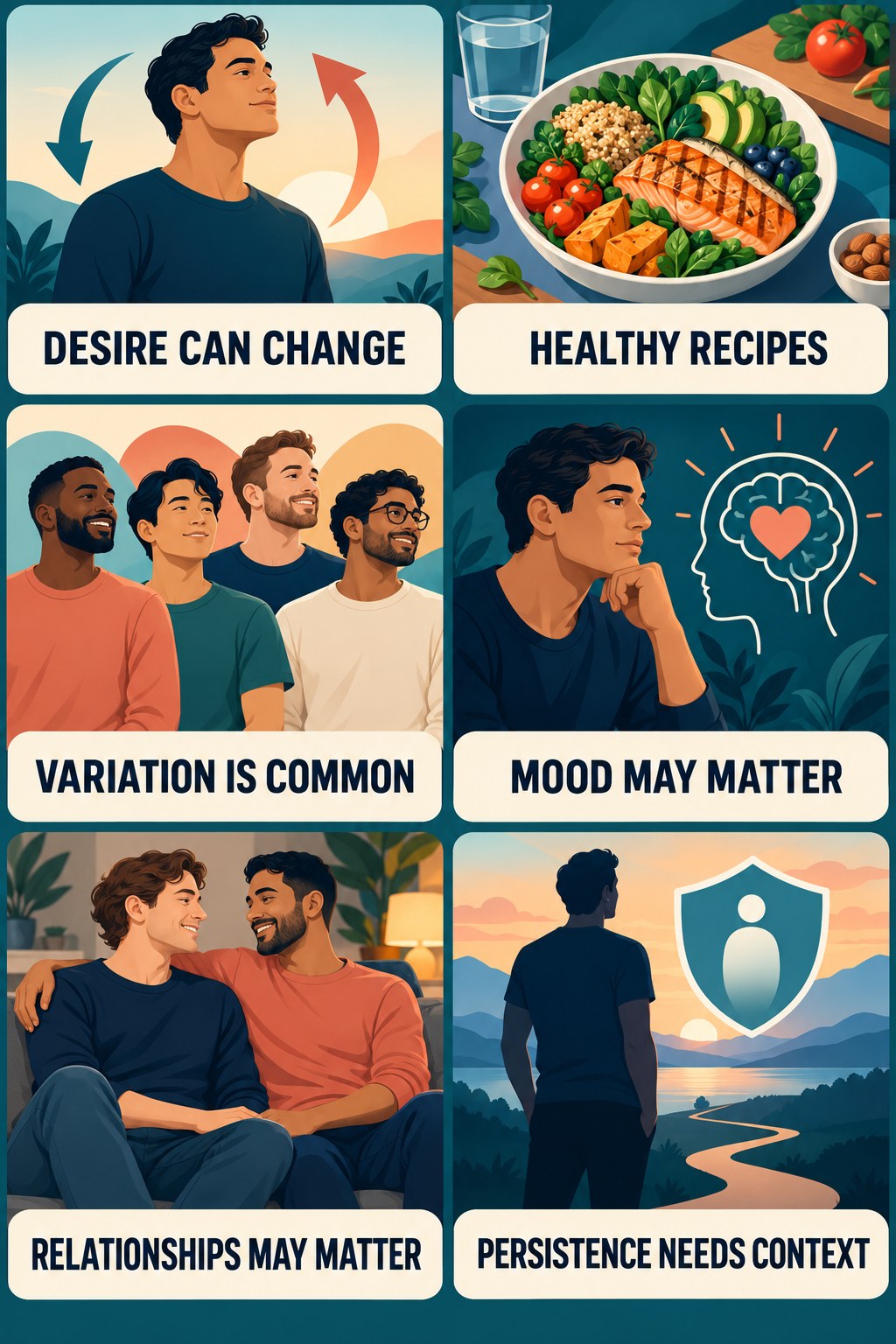 Low Desire Is Not a Moral Failure infographic for Healthy Recipes with four concise, non-shaming sexual-health education points.