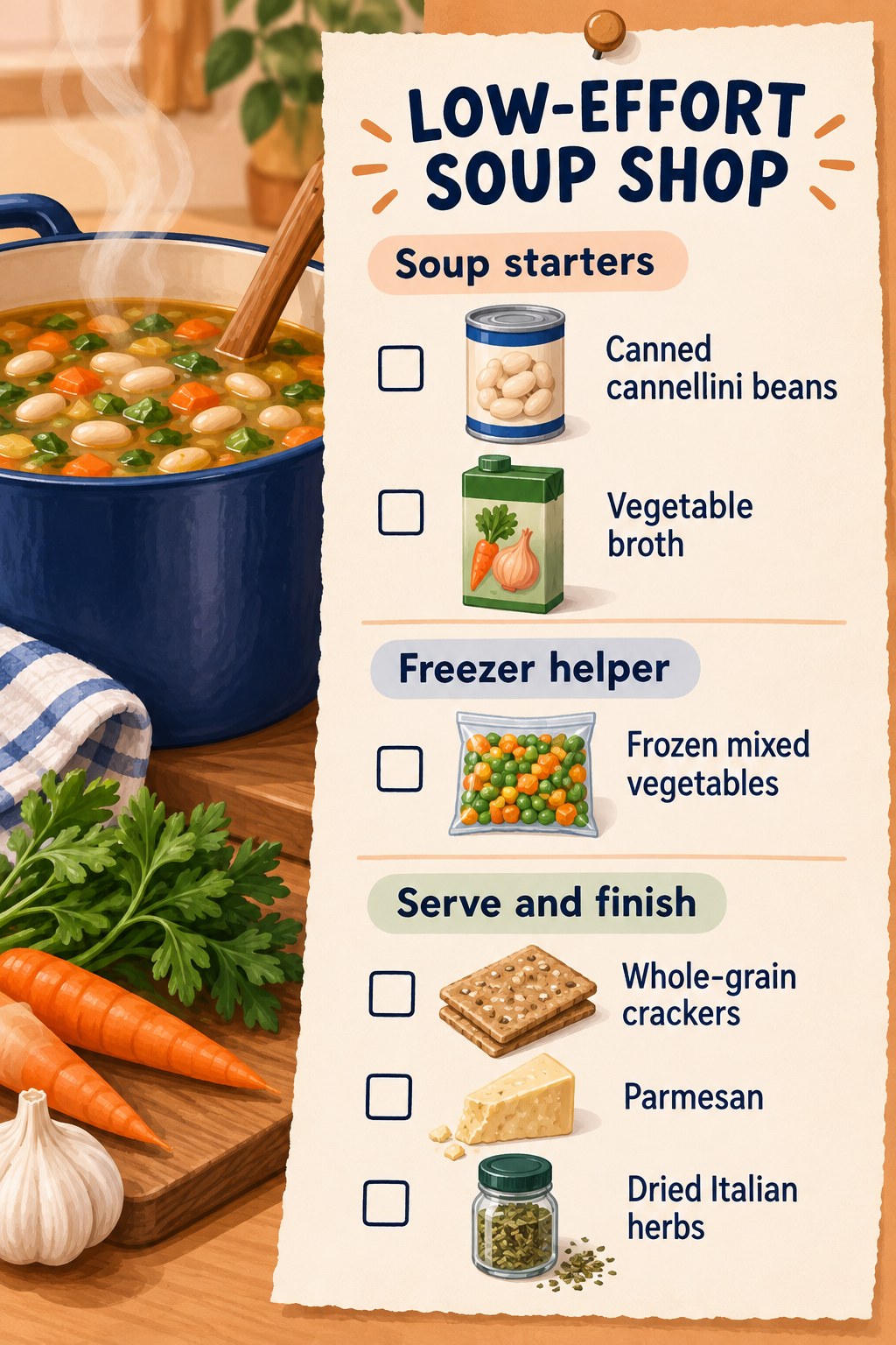 Apricot and navy soup checklist listing cannellini beans, vegetable broth, frozen mixed vegetables, crackers, Parmesan and Italian herbs.