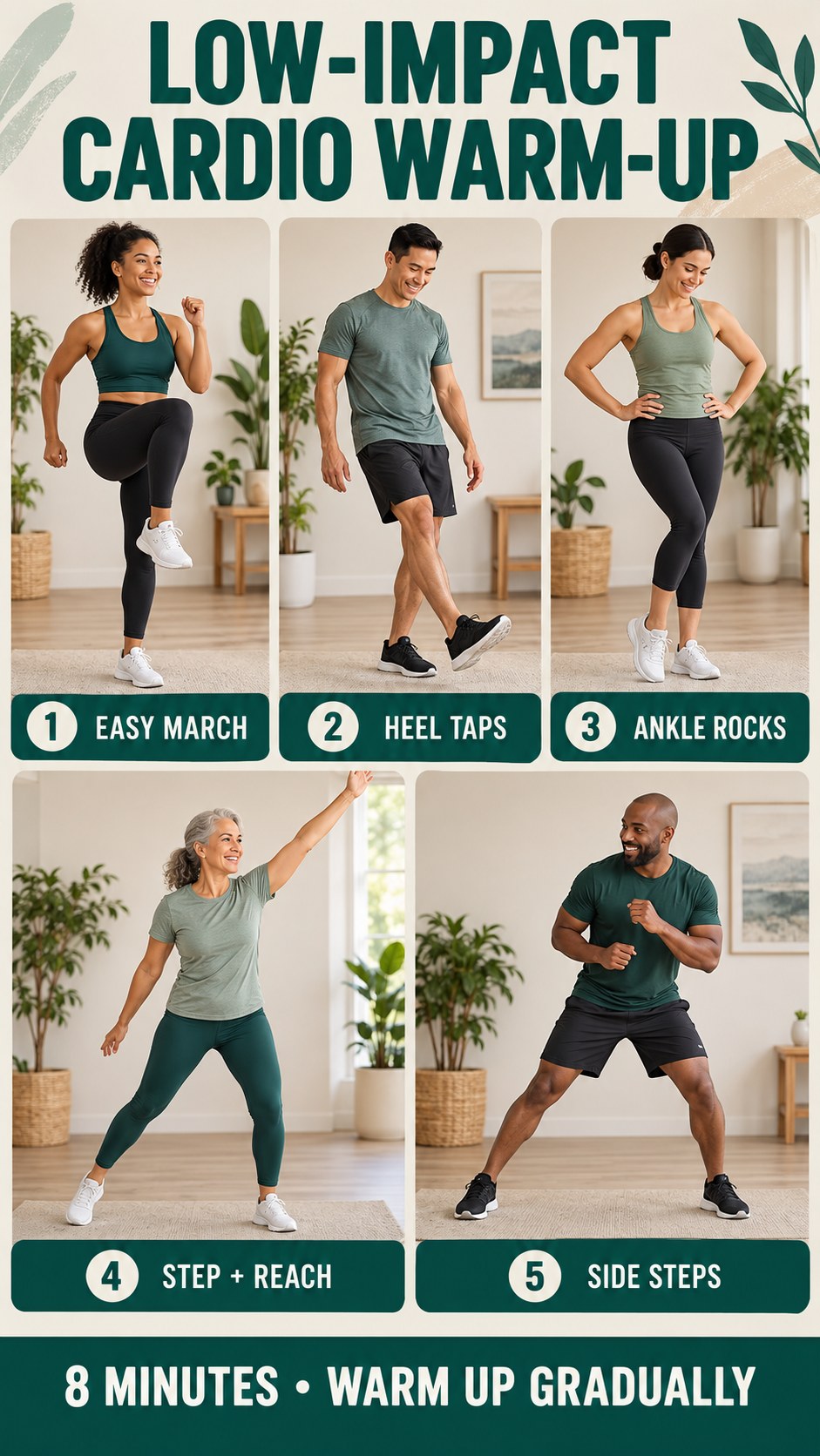 Vertical infographic showing an eight-minute dynamic warm-up before low-impact cardio