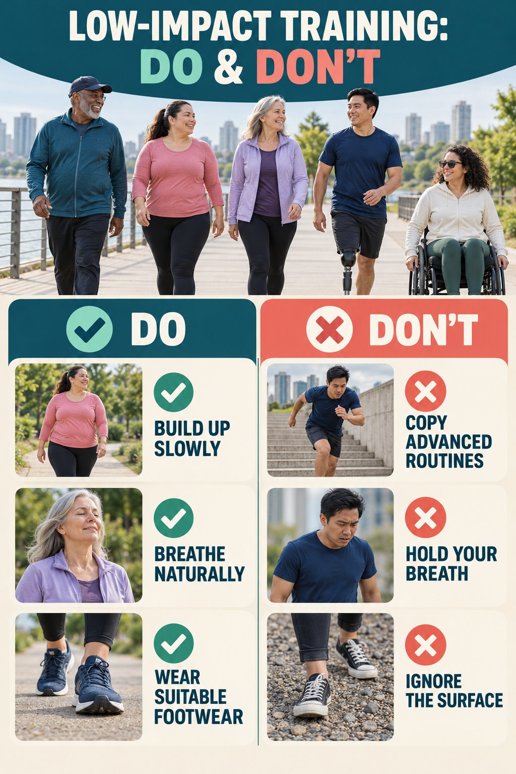 Walking for Weight Loss Do and Don’t comparison graphic showing three practical behavior pairs for low-impact training.