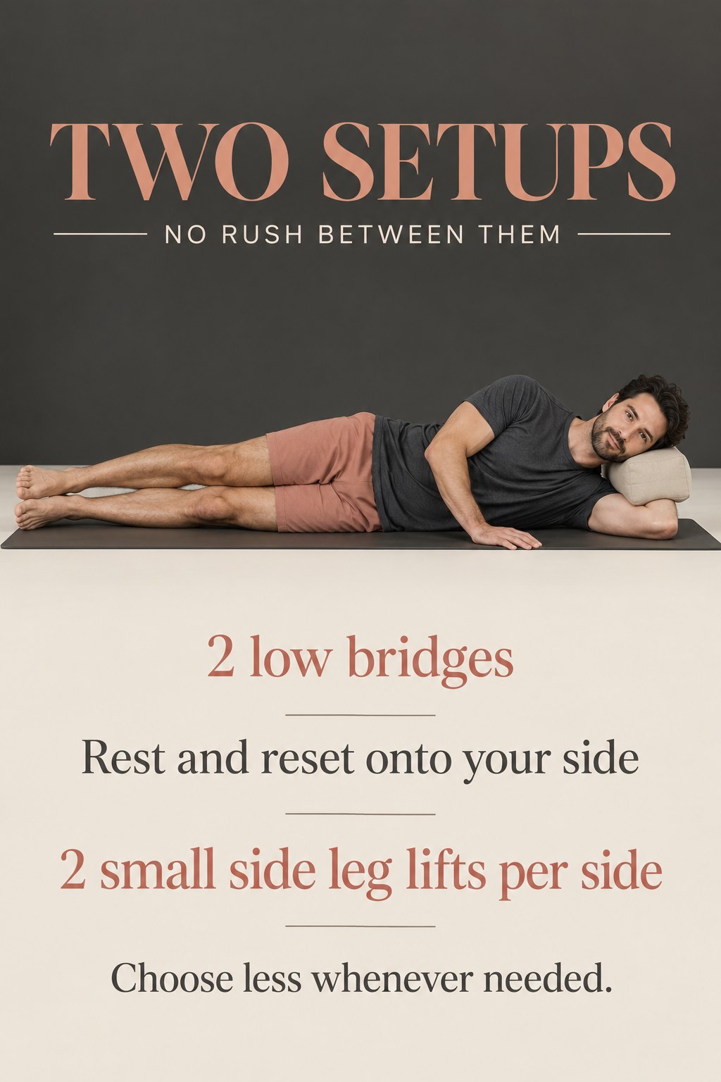 Adult resting on one side on a Pilates mat with straight legs and a cushion under the head.