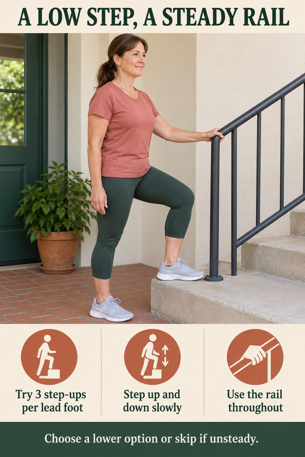 Woman places one foot on a low step while holding a fixed railing beside clear instructions for slow supported step-ups.