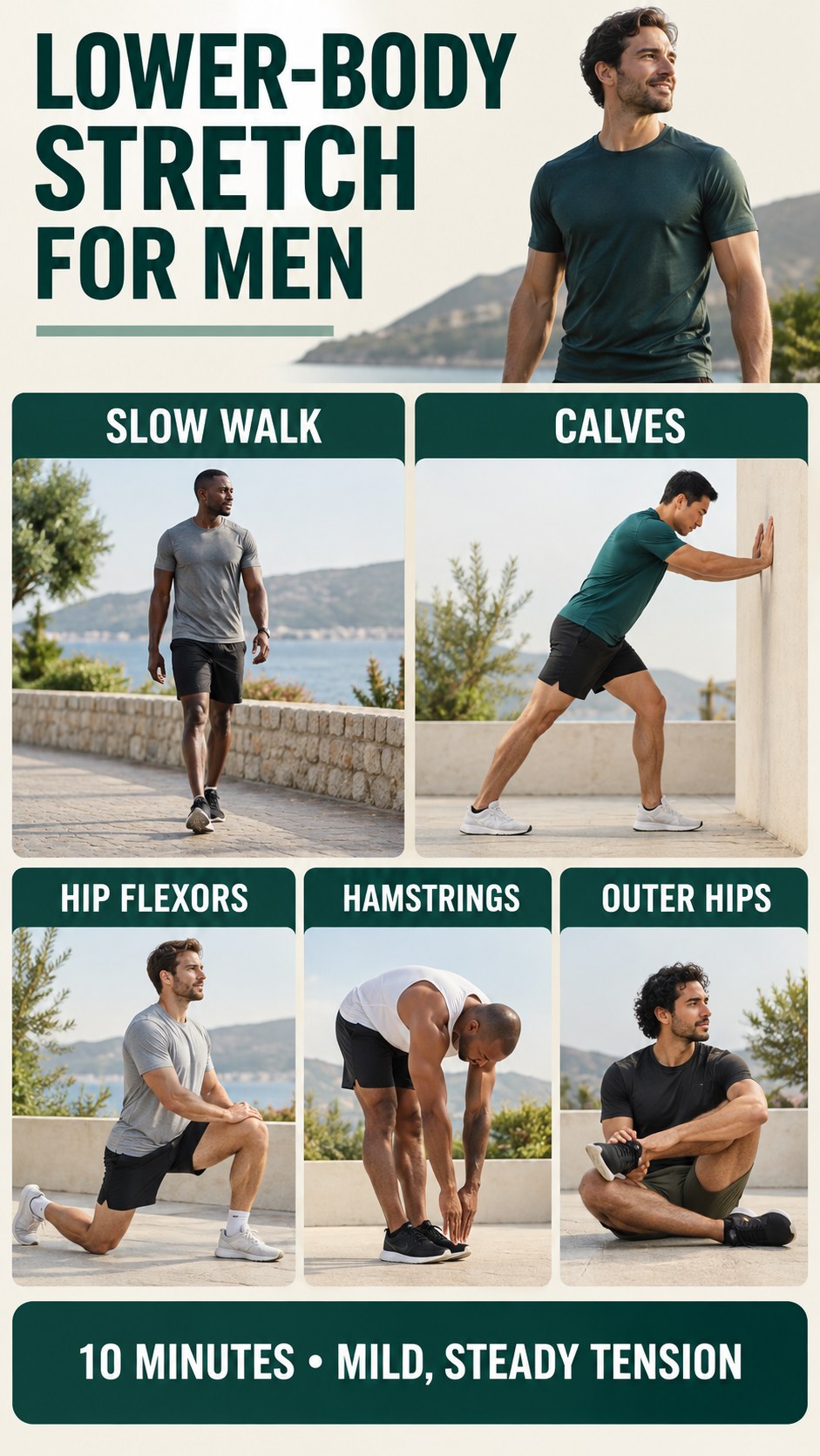 Vertical infographic showing a beginner lower-body stretching routine for men after walking or training
