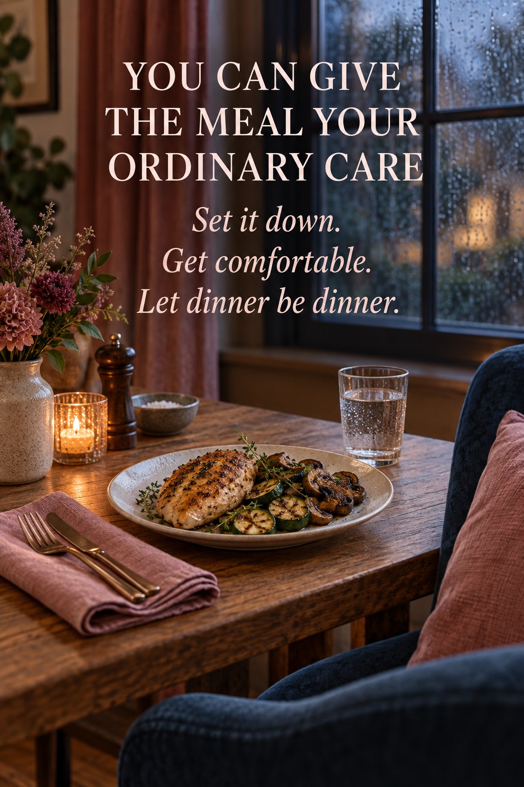 Warm lower-carb dinner of chicken and vegetables at a comfortable table with a napkin and water beside a caring message.