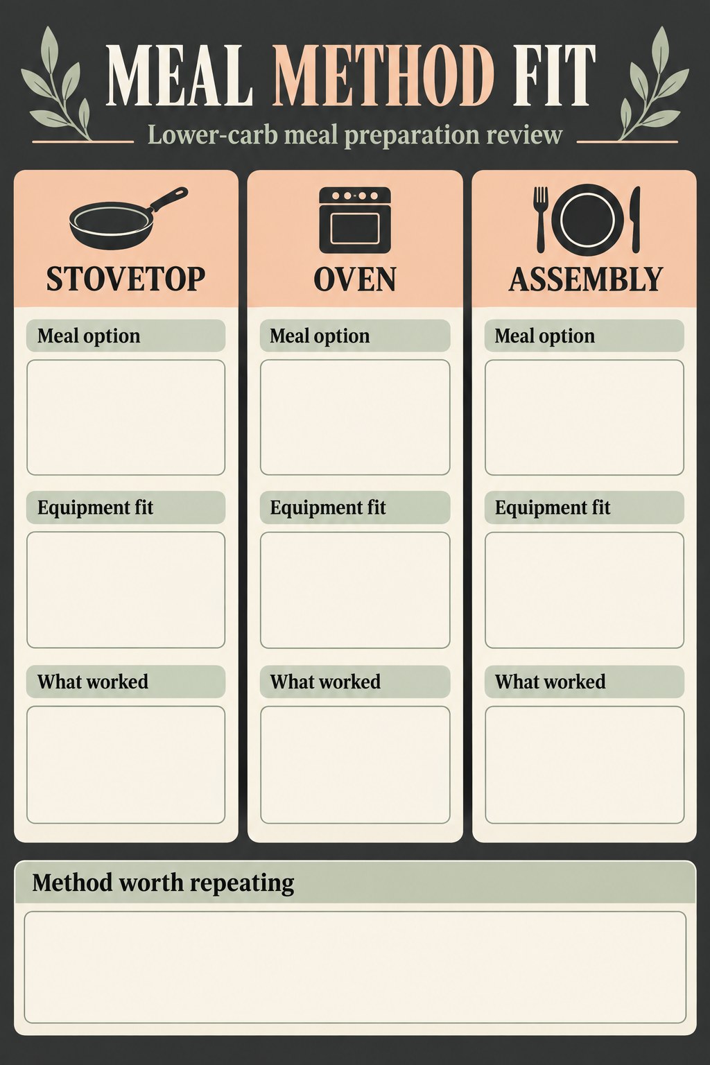 Blank cooking method comparison cards for stovetop, oven, and assembly with meal and equipment fit fields.