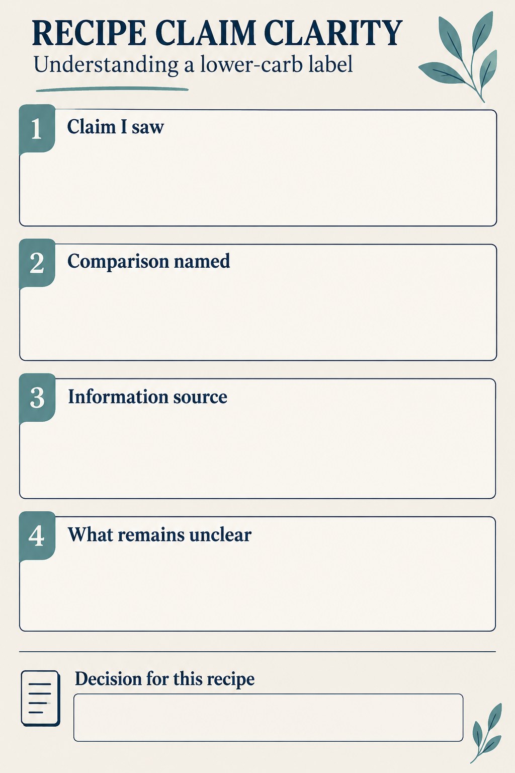 Blank recipe claim clarity sheet with claim, comparison, information source, and uncertainty fields.