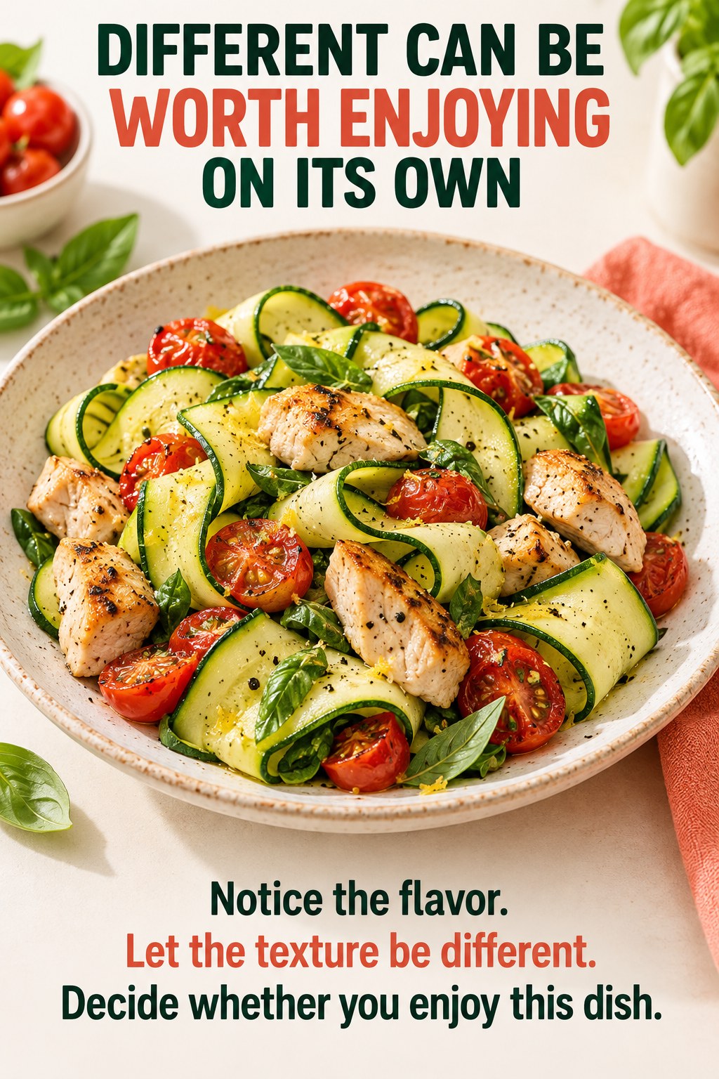 Zucchini ribbon dish with tomatoes and chicken beside encouragement to enjoy an adapted recipe on its own terms.