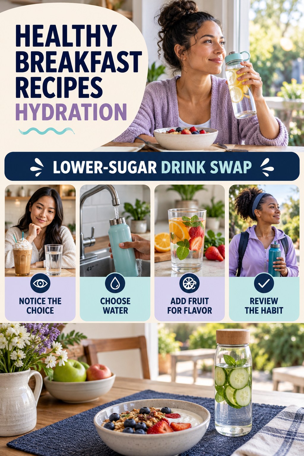 Healthy Breakfast Recipes hydration graphic titled Lower-Sugar Drink Swap with four flexible water-habit prompts and no fixed intake target.