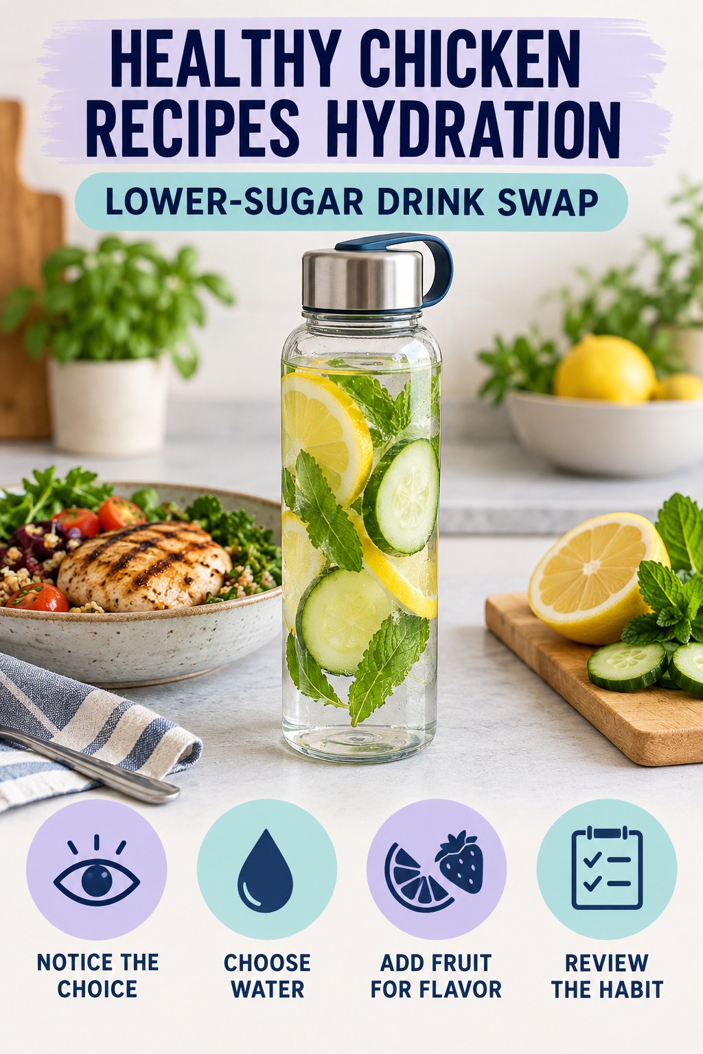 Healthy Chicken Recipes hydration graphic titled Lower-Sugar Drink Swap with four flexible water-habit prompts and no fixed intake target.
