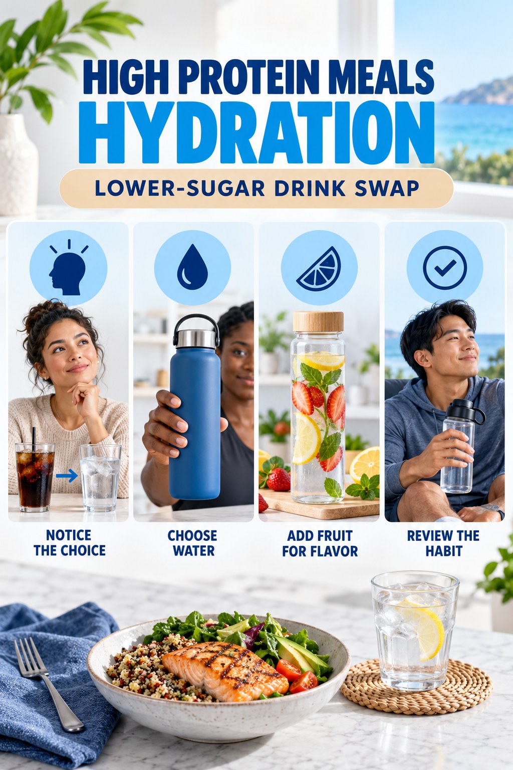 High Protein Meals hydration graphic titled Lower-Sugar Drink Swap with four flexible water-habit prompts and no fixed intake target.