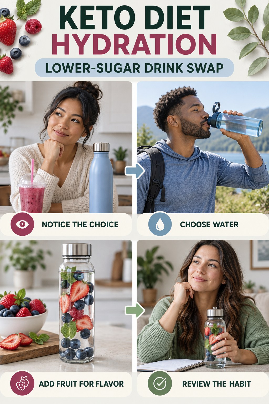Keto Diet hydration graphic titled Lower-Sugar Drink Swap with four flexible water-habit prompts and no fixed intake target.