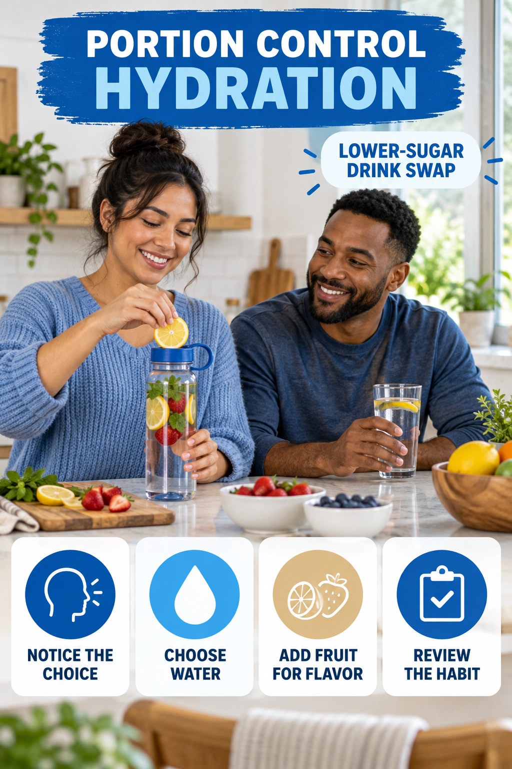 Portion Control hydration graphic titled Lower-Sugar Drink Swap with four flexible water-habit prompts and no fixed intake target.