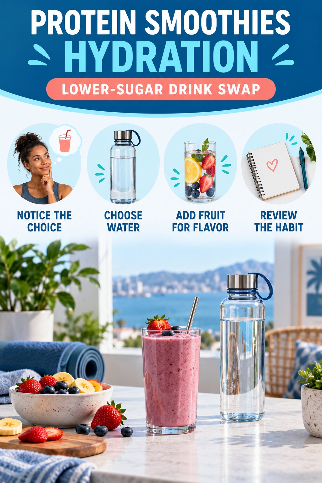 Protein Smoothies hydration graphic titled Lower-Sugar Drink Swap with four flexible water-habit prompts and no fixed intake target.
