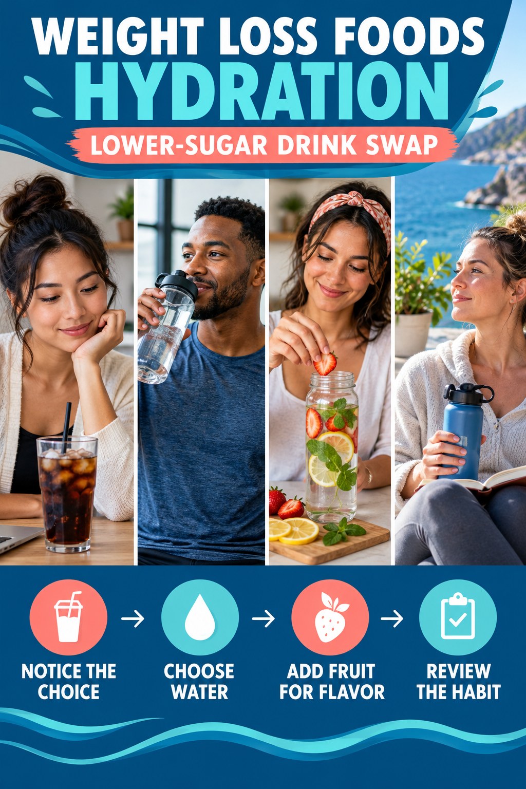 Weight Loss Foods hydration graphic titled Lower-Sugar Drink Swap with four flexible water-habit prompts and no fixed intake target.