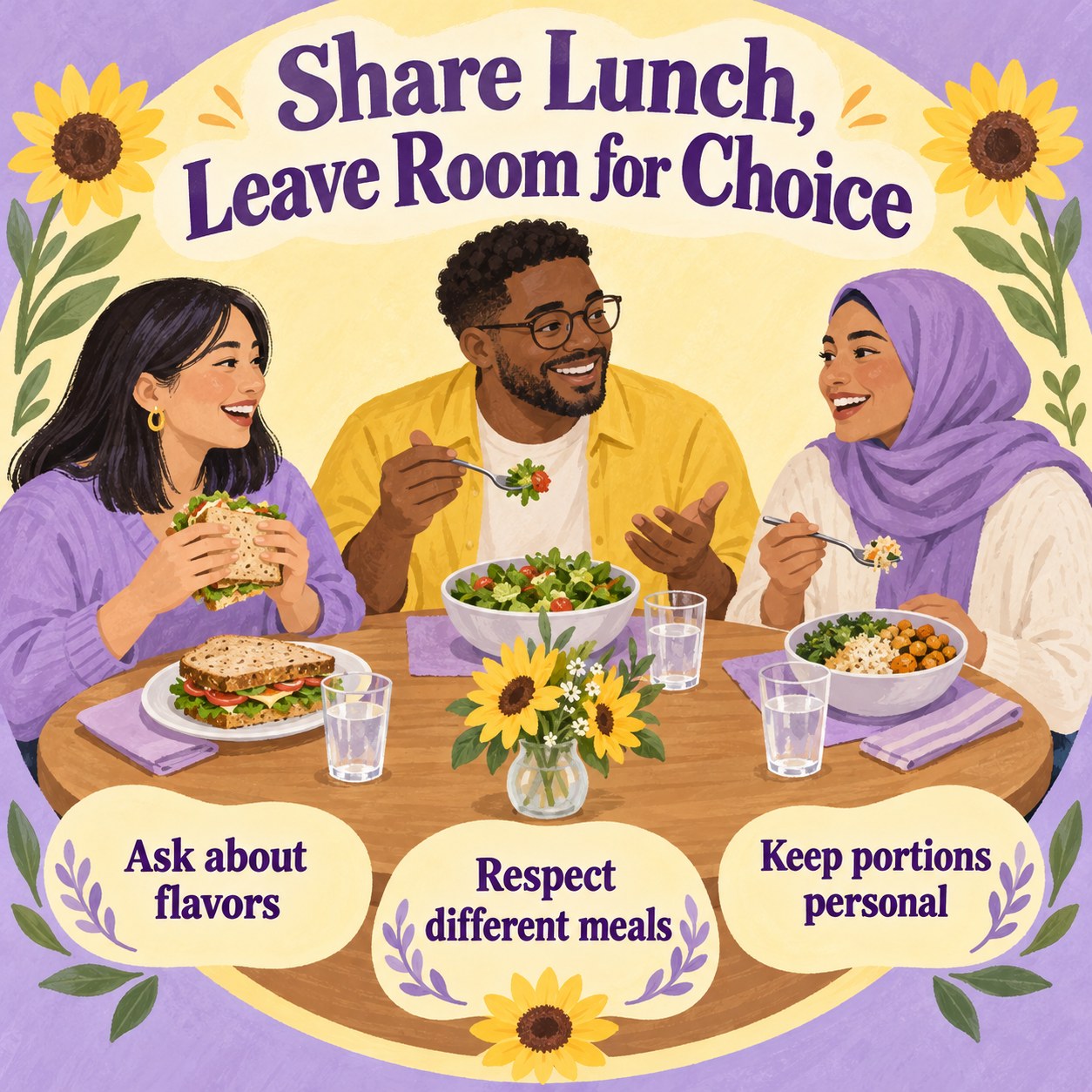 Illustrated coworkers enjoying different lunches at a communal table with reminders for welcoming food conversation.