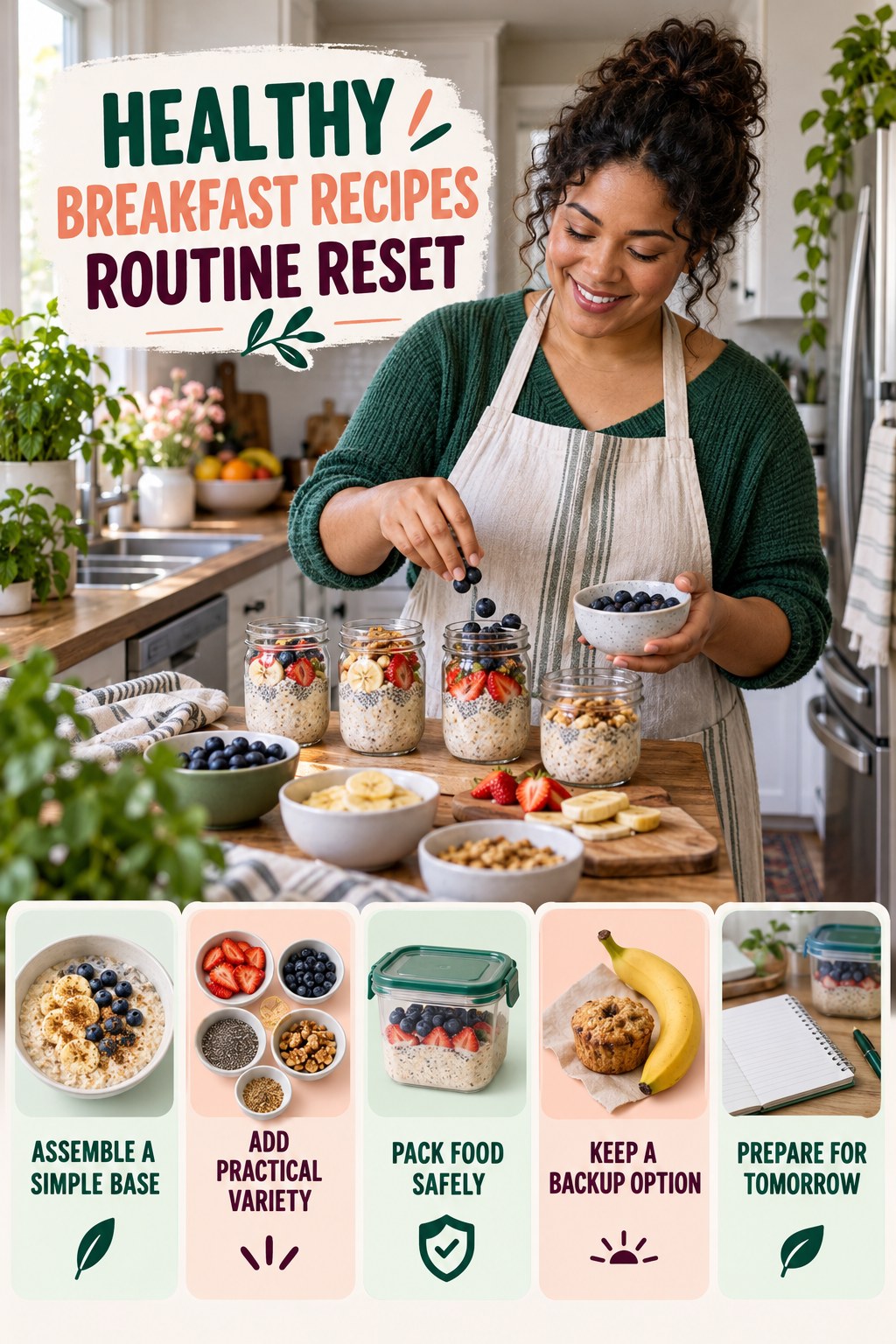 Lunch Planning Reset for Healthy Breakfast Recipes with five readable routine-reset cues and a realistic board-relevant wellness scene.