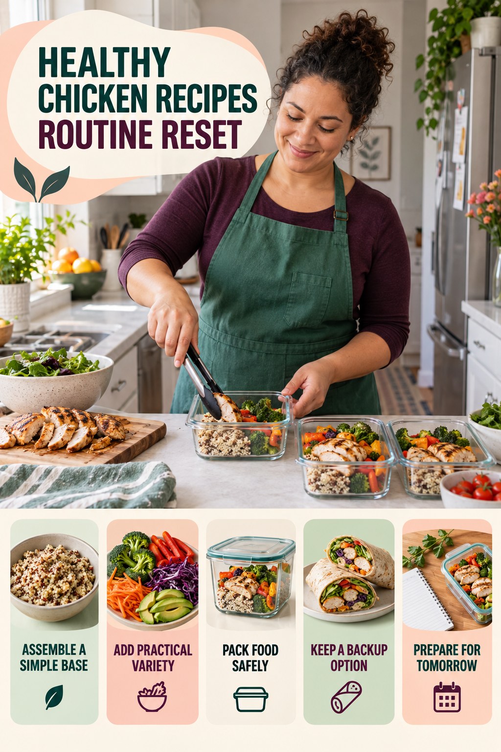 Lunch Planning Reset for Healthy Chicken Recipes with five readable routine-reset cues and a realistic board-relevant wellness scene.