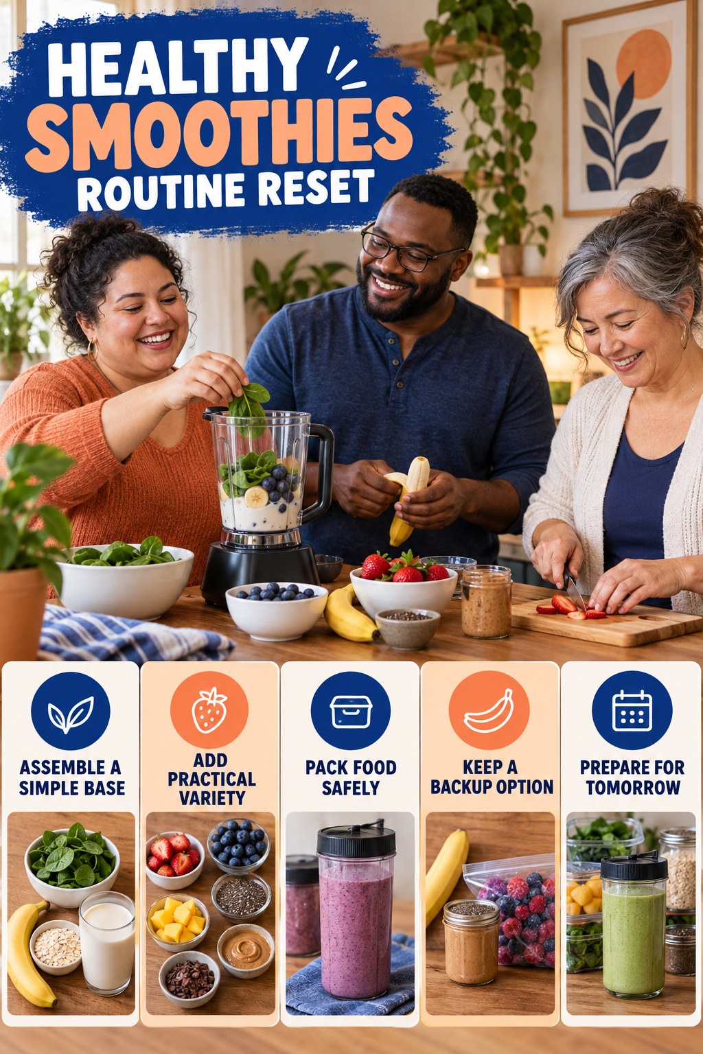 Lunch Planning Reset for Healthy Smoothies with five readable routine-reset cues and a realistic board-relevant wellness scene.