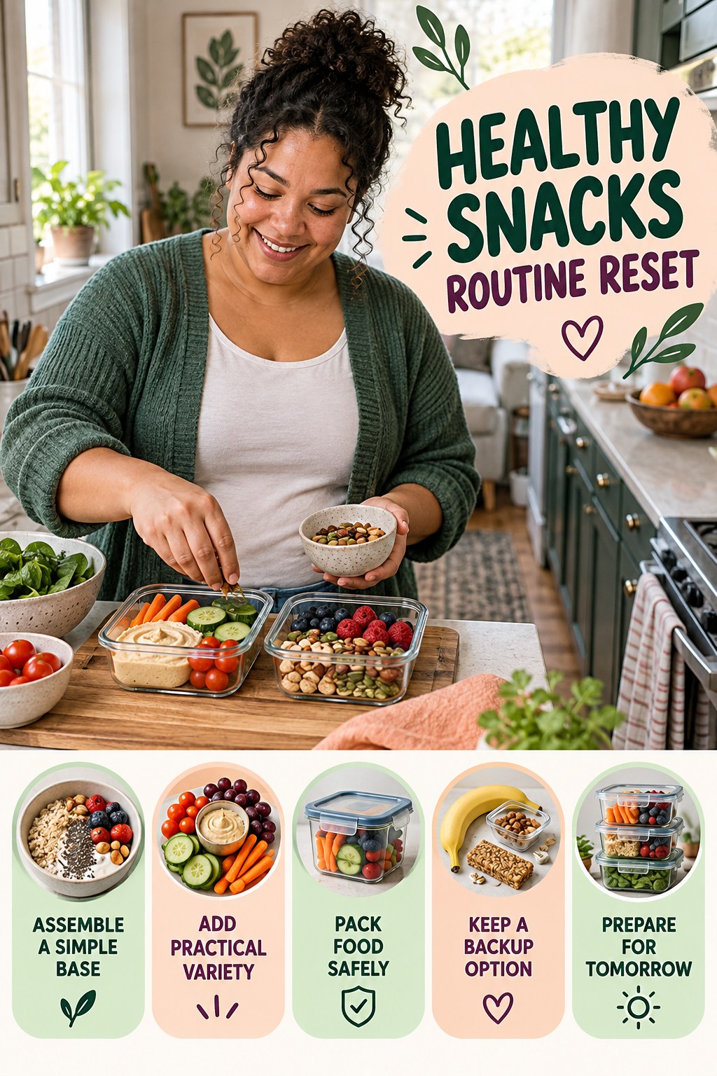 Lunch Planning Reset for Healthy Snacks with five readable routine-reset cues and a realistic board-relevant wellness scene.