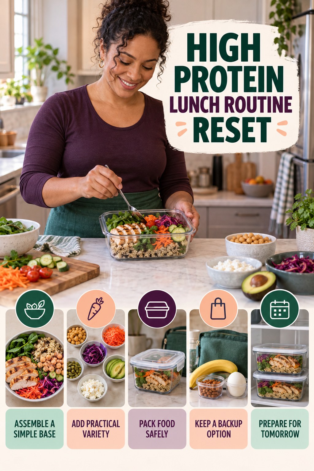 Lunch Planning Reset for High Protein Lunch with five readable routine-reset cues and a realistic board-relevant wellness scene.