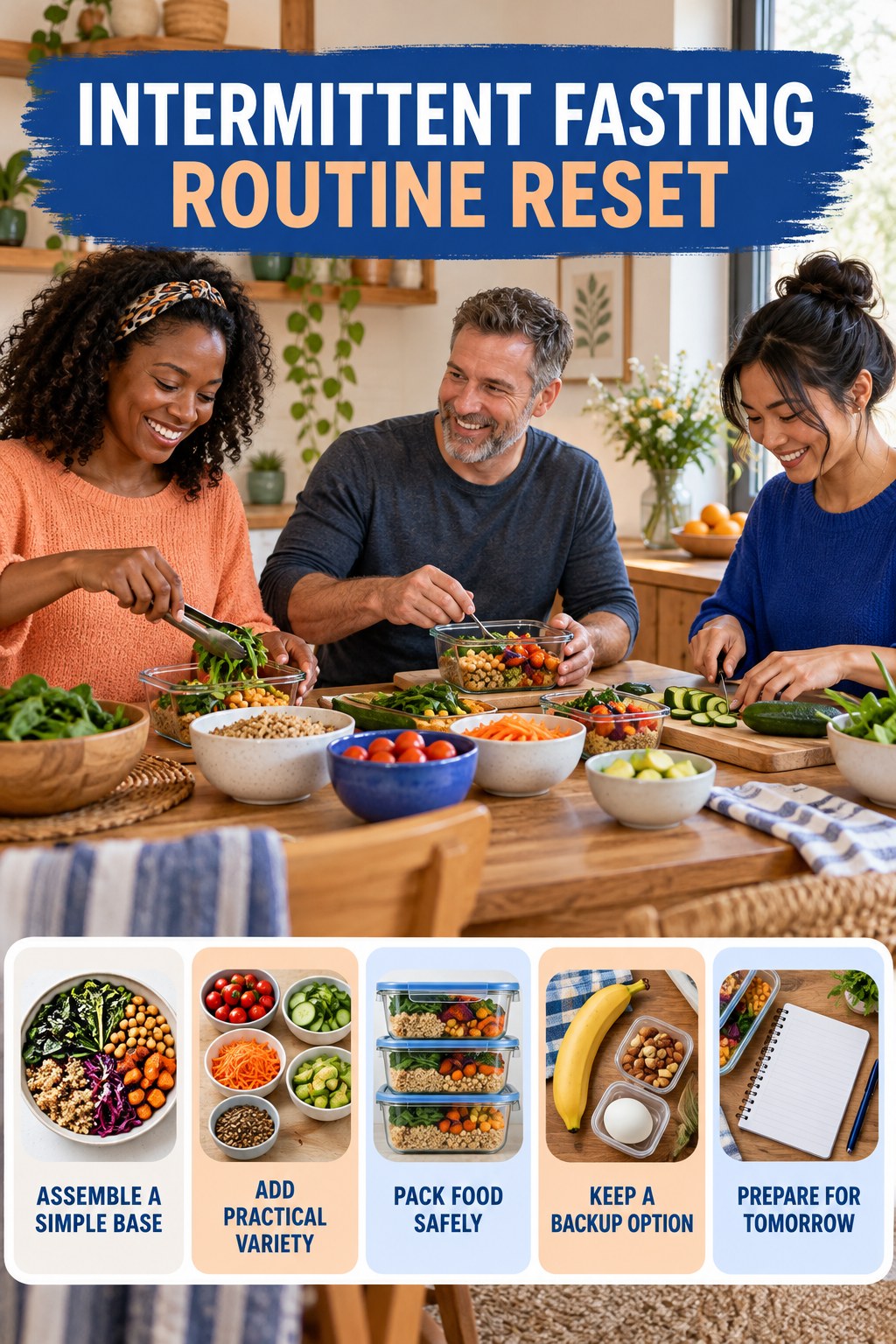 Lunch Planning Reset for Intermittent Fasting with five readable routine-reset cues and a realistic board-relevant wellness scene.