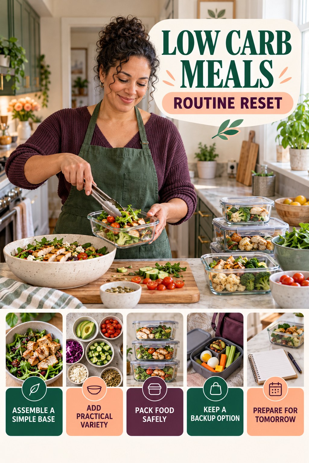 Lunch Planning Reset for Low Carb Meals with five readable routine-reset cues and a realistic board-relevant wellness scene.