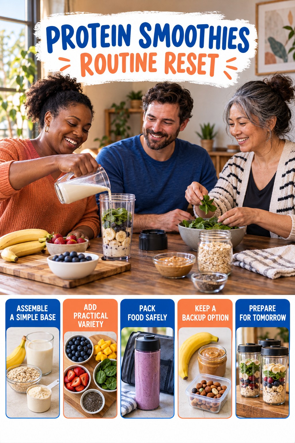 Lunch Planning Reset for Protein Smoothies with five readable routine-reset cues and a realistic board-relevant wellness scene.
