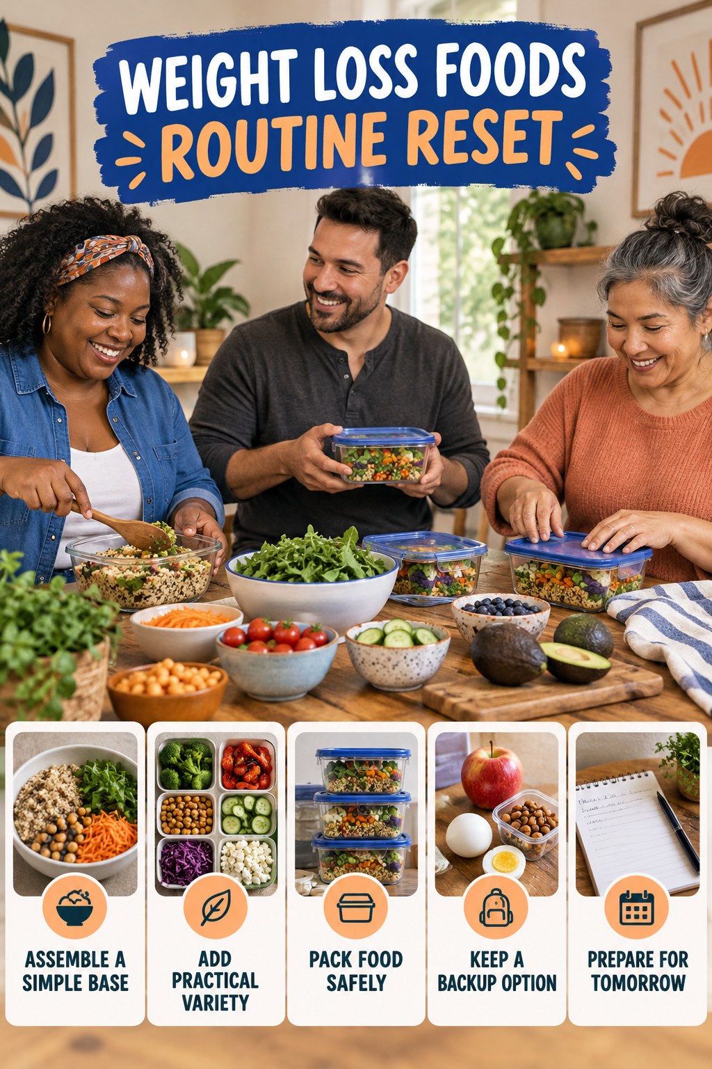 Lunch Planning Reset for Weight Loss Foods with five readable routine-reset cues and a realistic board-relevant wellness scene.