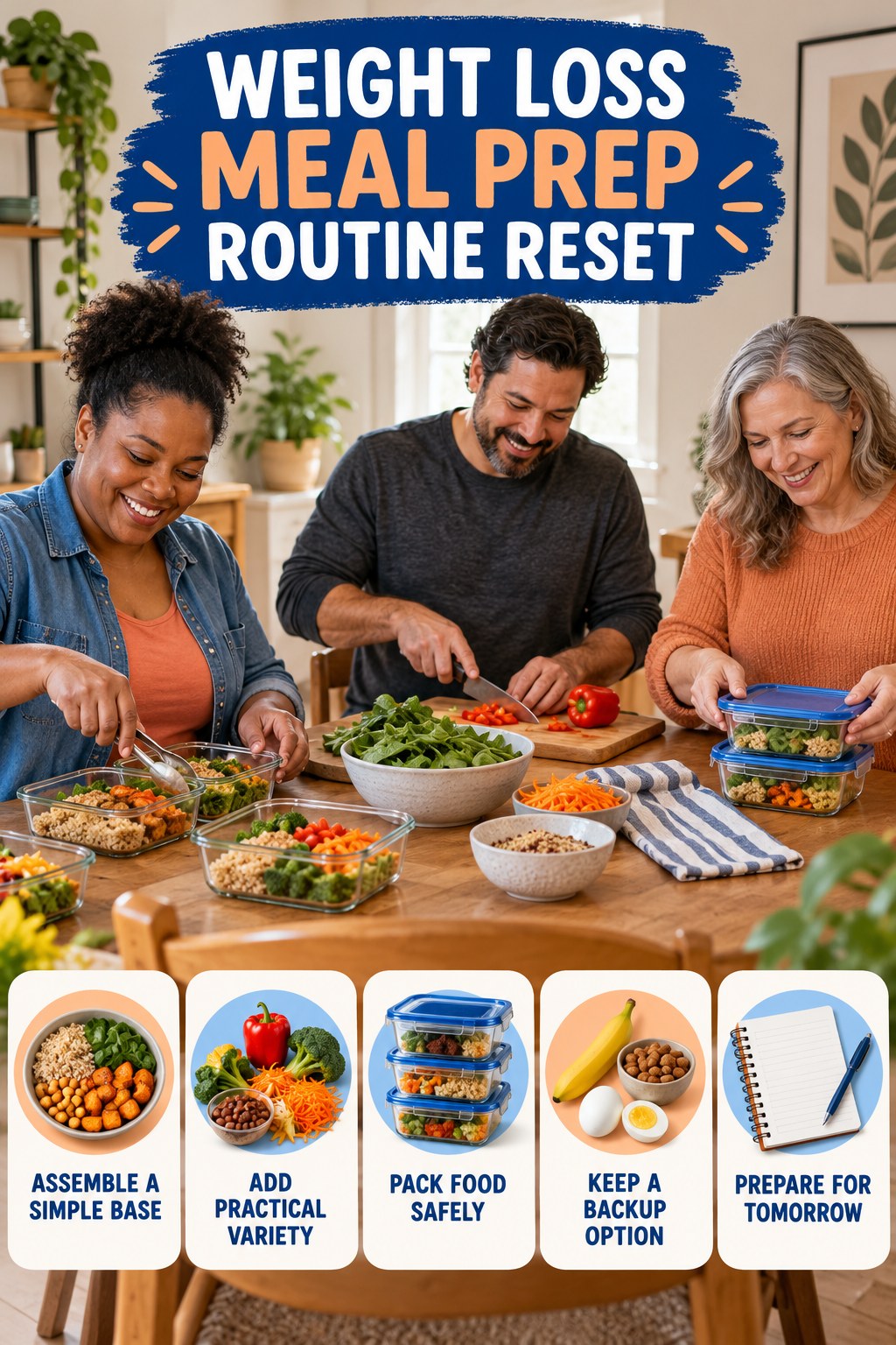 Lunch Planning Reset for Weight Loss Meal Prep with five readable routine-reset cues and a realistic board-relevant wellness scene.