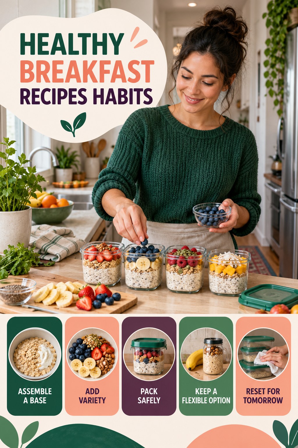 Lunch Prep Habits for Healthy Breakfast Recipes with five readable habit cues and a realistic board-relevant wellness scene.