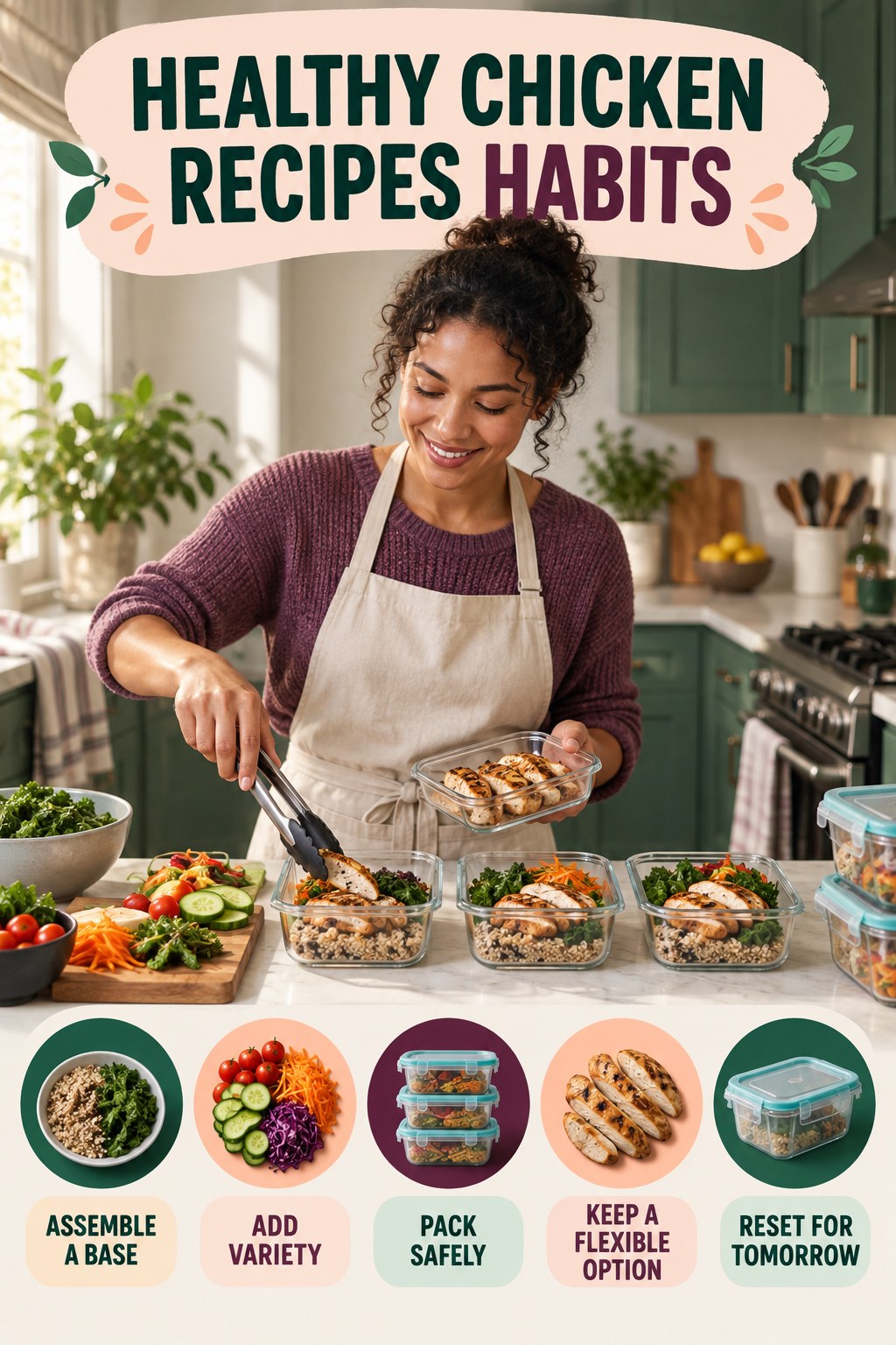 Lunch Prep Habits for Healthy Chicken Recipes with five readable habit cues and a realistic board-relevant wellness scene.