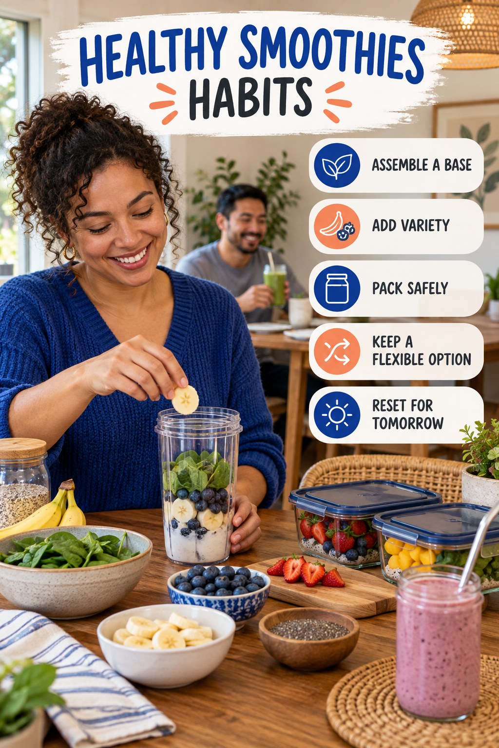 Lunch Prep Habits for Healthy Smoothies with five readable habit cues and a realistic board-relevant wellness scene.