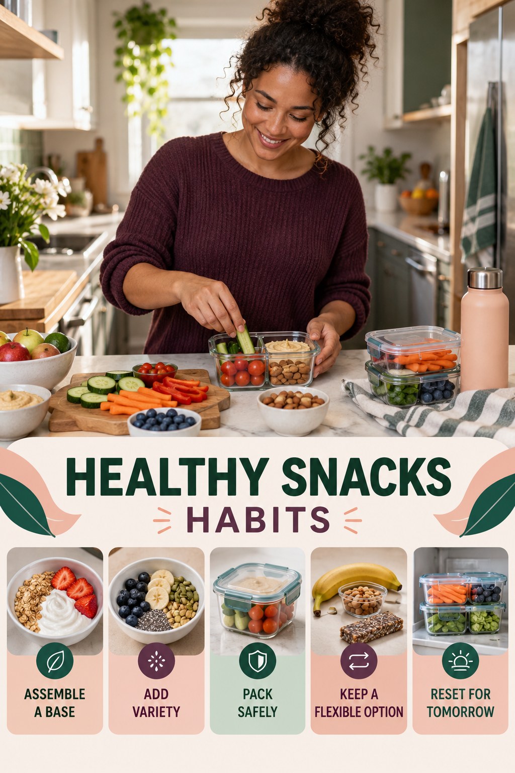 Lunch Prep Habits for Healthy Snacks with five readable habit cues and a realistic board-relevant wellness scene.