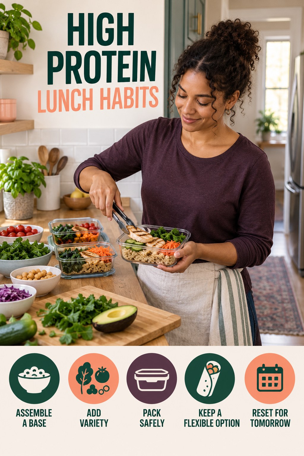 Lunch Prep Habits for High Protein Lunch with five readable habit cues and a realistic board-relevant wellness scene.