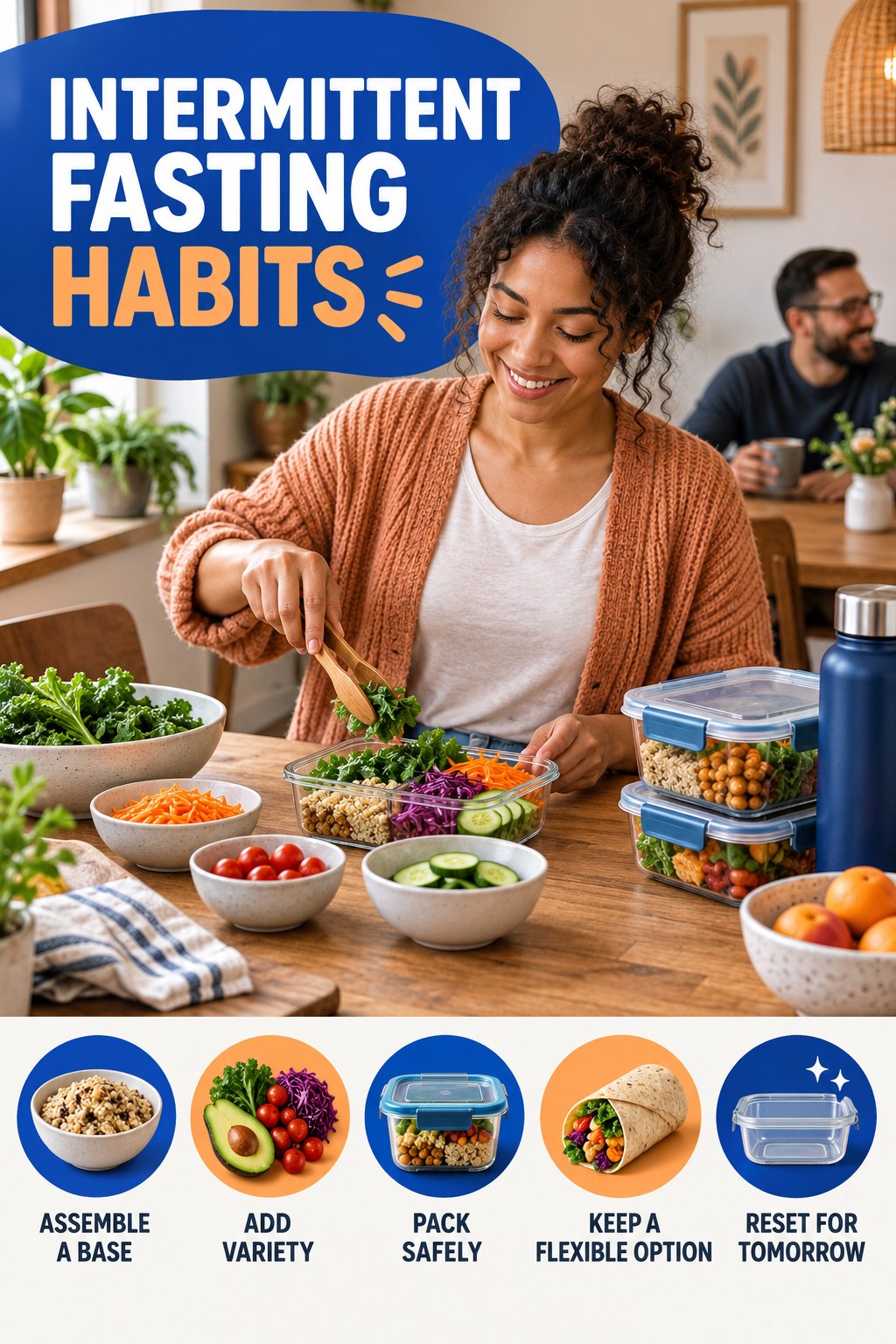 Lunch Prep Habits for Intermittent Fasting with five readable habit cues and a realistic board-relevant wellness scene.