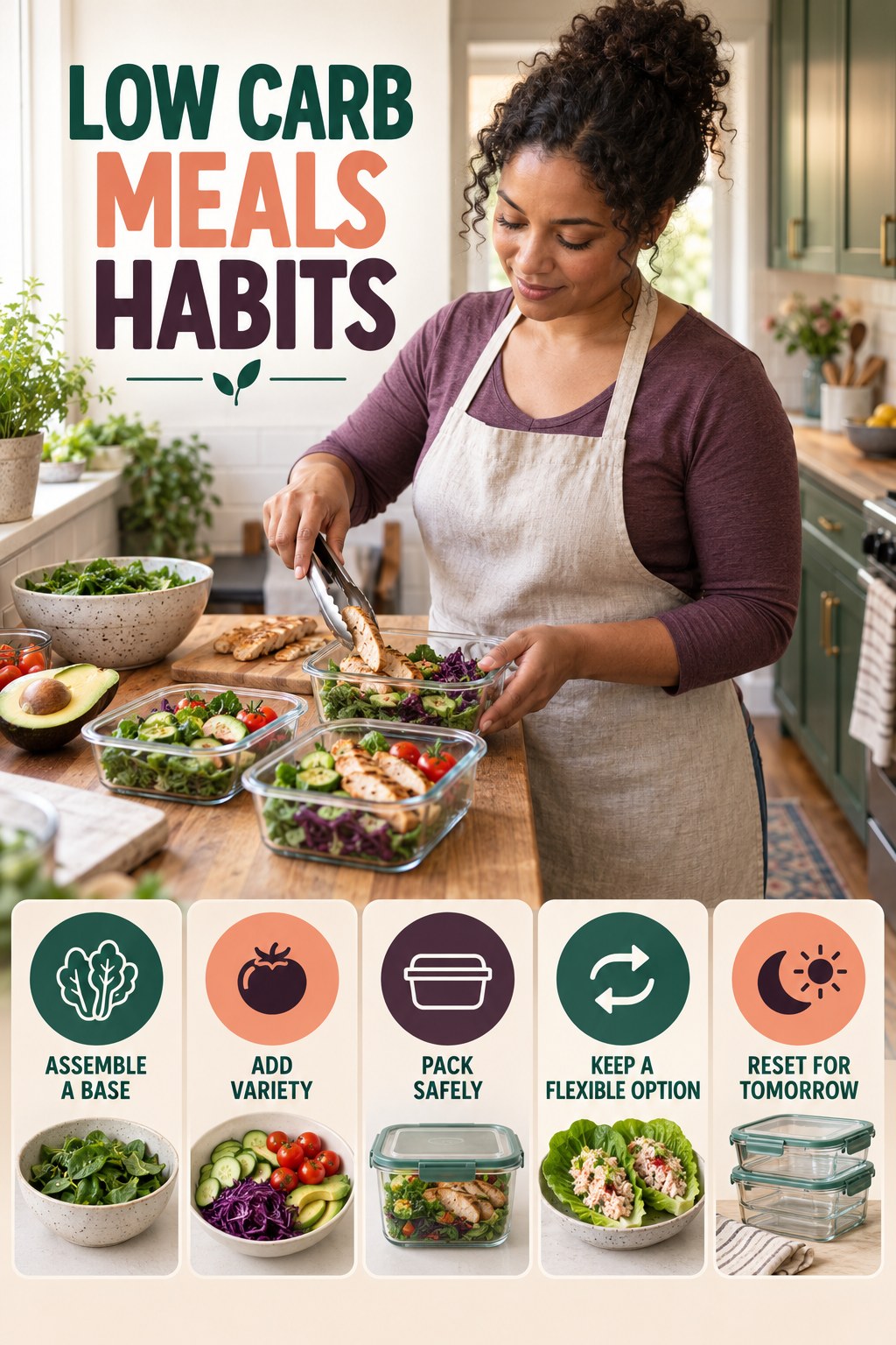 Lunch Prep Habits for Low Carb Meals with five readable habit cues and a realistic board-relevant wellness scene.