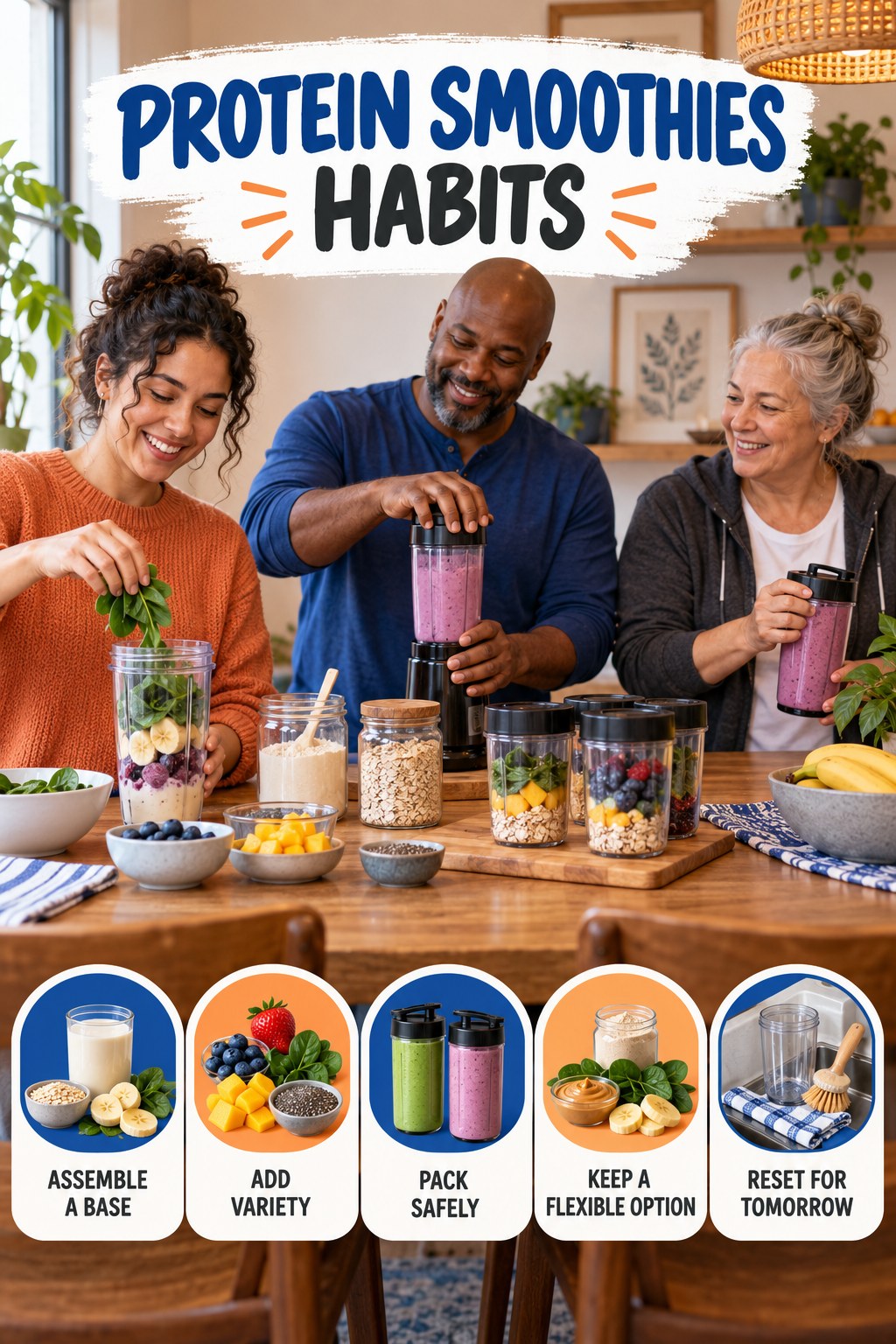 Lunch Prep Habits for Protein Smoothies with five readable habit cues and a realistic board-relevant wellness scene.