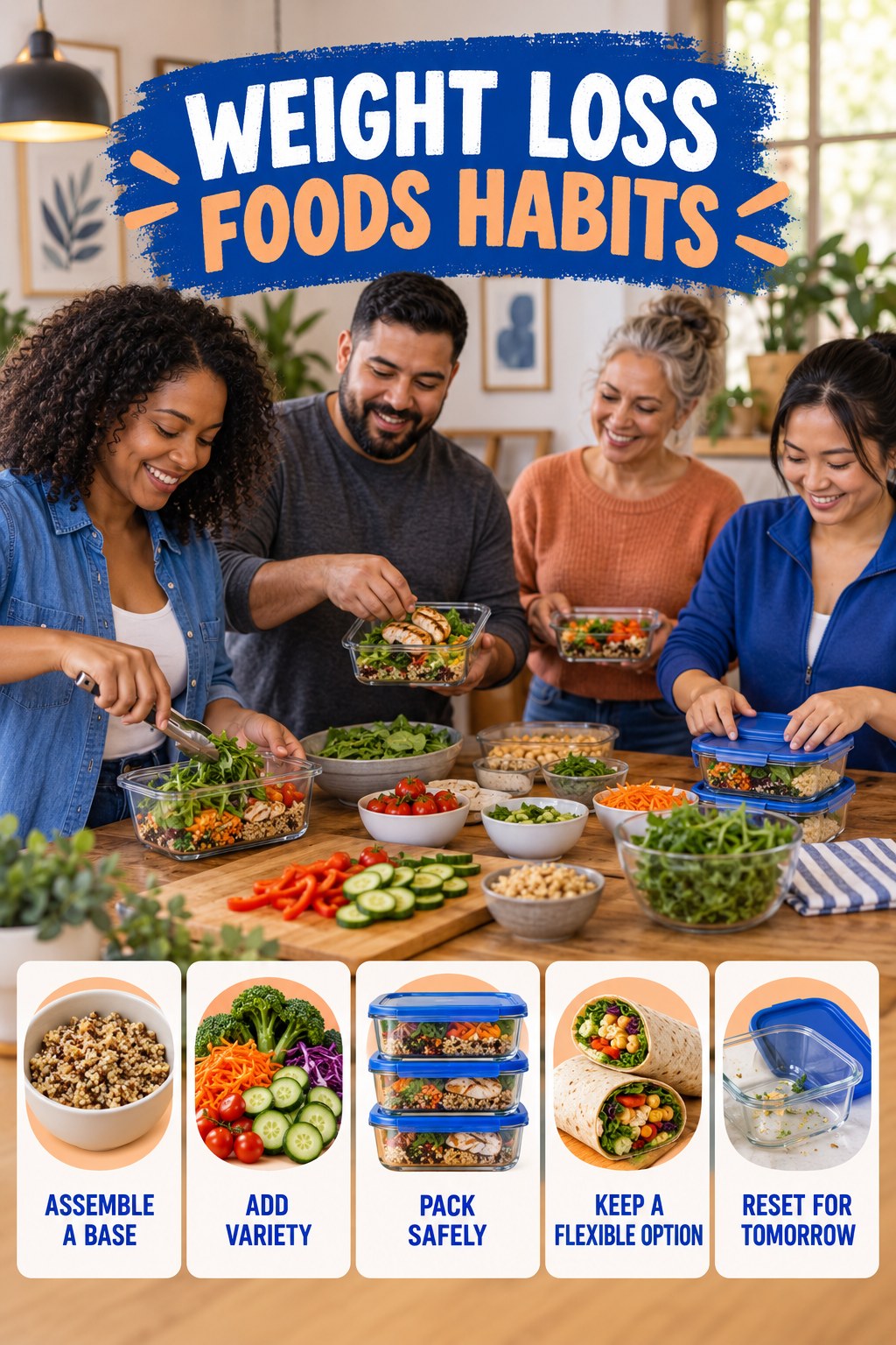 Lunch Prep Habits for Weight Loss Foods with five readable habit cues and a realistic board-relevant wellness scene.