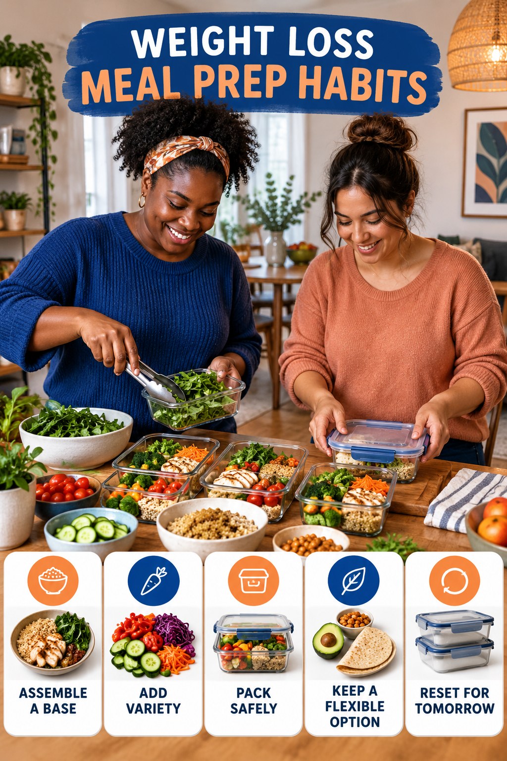 Lunch Prep Habits for Weight Loss Meal Prep with five readable habit cues and a realistic board-relevant wellness scene.