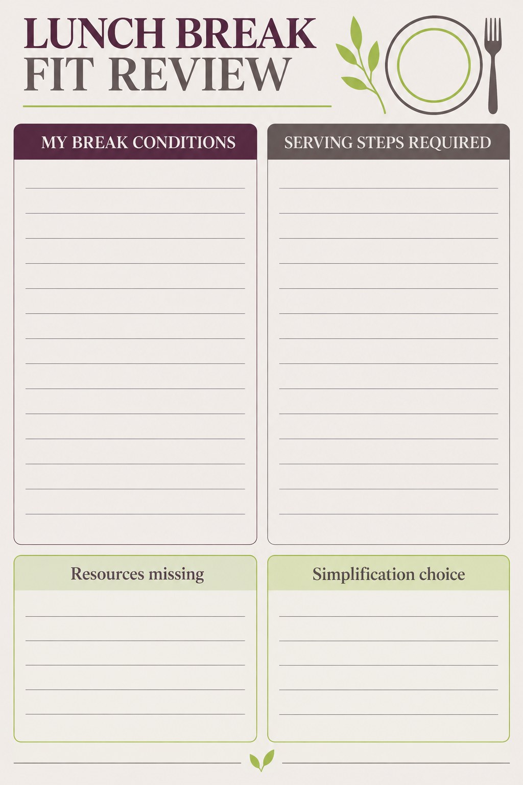 Blank lunch break fit tracker with break conditions, serving steps, missing resources, and simplification fields.