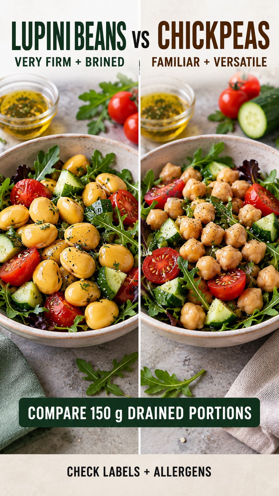 Ready-to-eat lupini beans and chickpeas in equal drained portions with identical salad vegetables.