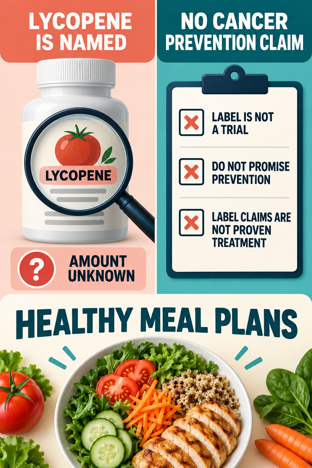 Lycopene on a Seller List Does Not Prove Cancer Prevention prostate supplement label-literacy infographic for Healthy Meal Plans with four careful reading points.