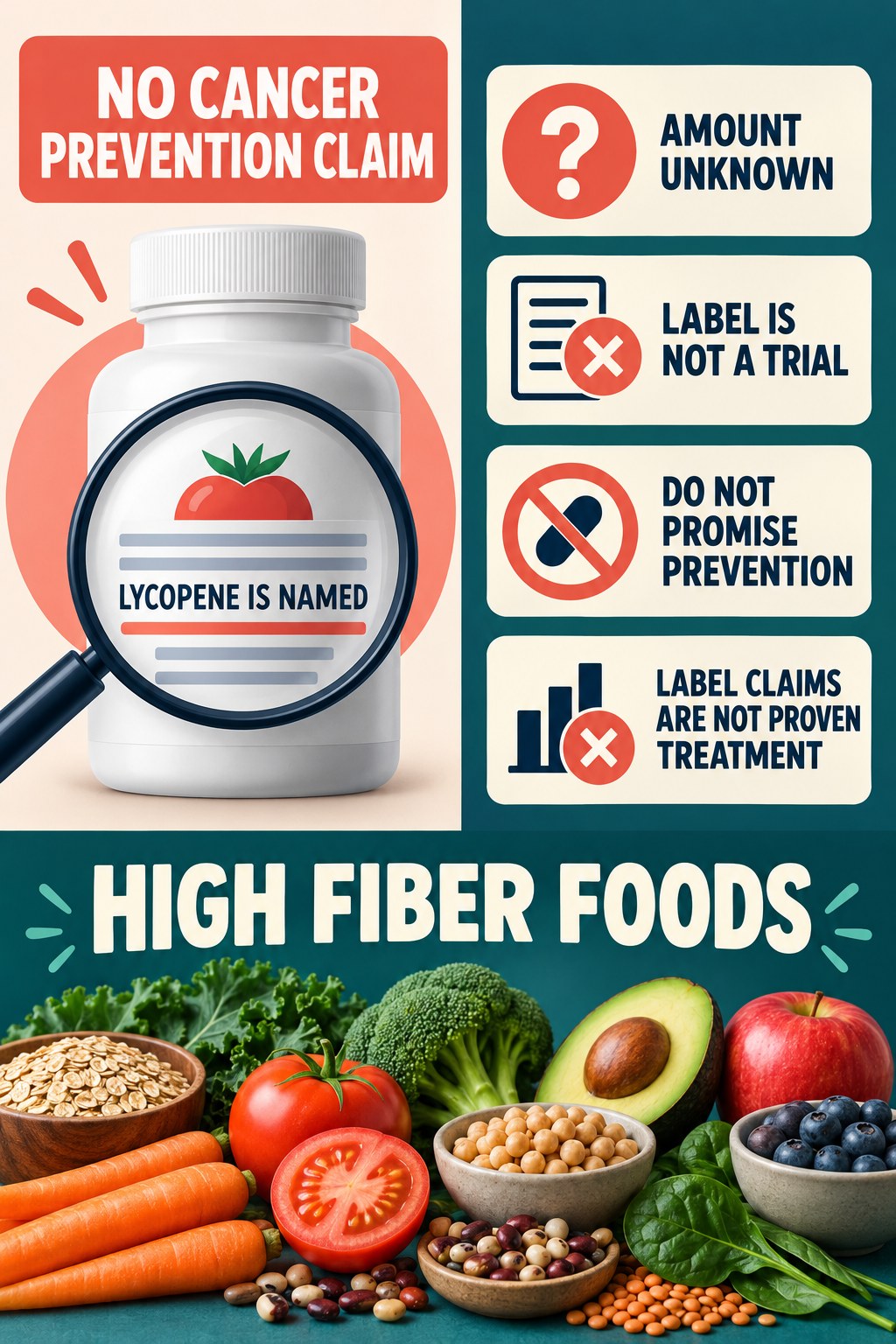 Lycopene on a Seller List Does Not Prove Cancer Prevention prostate supplement label-literacy infographic for High Fiber Foods with four careful reading points.
